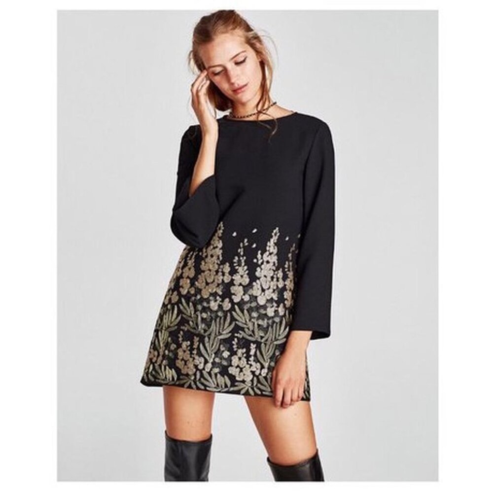 NWOT ZARA Black Long Sleeve Mini Dress with Gold Embroidery - Size M